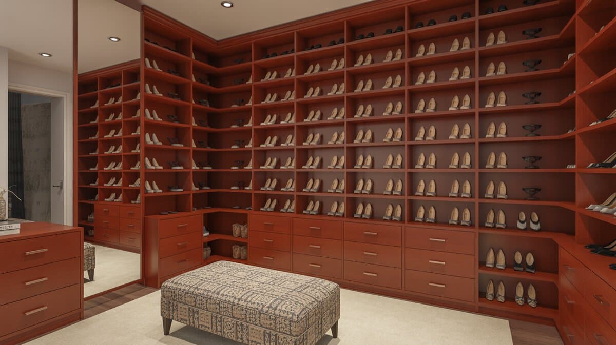 Shoe closet with solid mahogany cabinetry, dedicated shoe storage wall and modern adjustable shelves