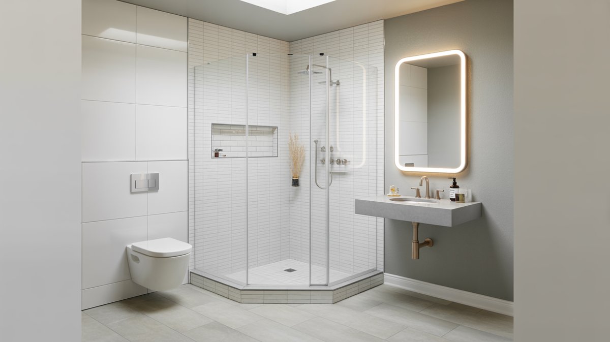 Small contemporary bathroom with neo-corner shower, single vanity and led mirror