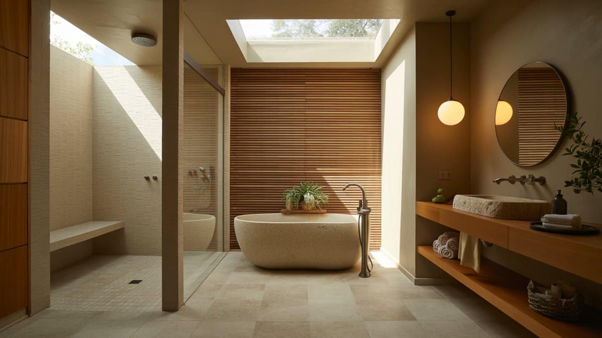 Spa bathroom with wood slat wall, stone tub, skylight and teak vanity