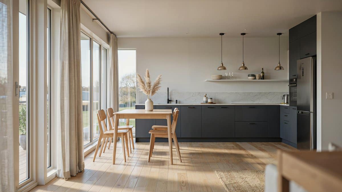 Charcoal cabinet kitchen with bare oak table and pampas grass vase