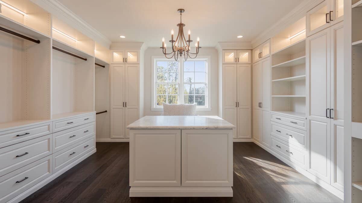 Spacious white contemporary walk-in closet with marble island, chandelier and dark hardwood floors