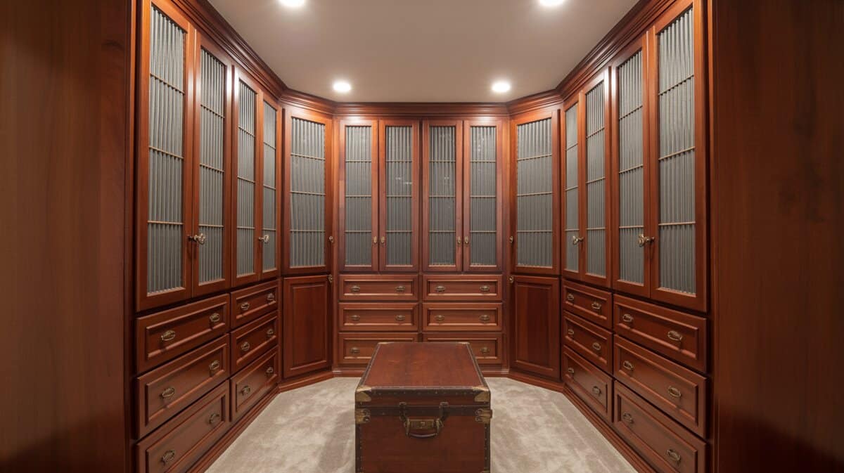 Masculine walk-in closet with solid mahogany paneled cabinets, glass wardrobe doors and storage bench