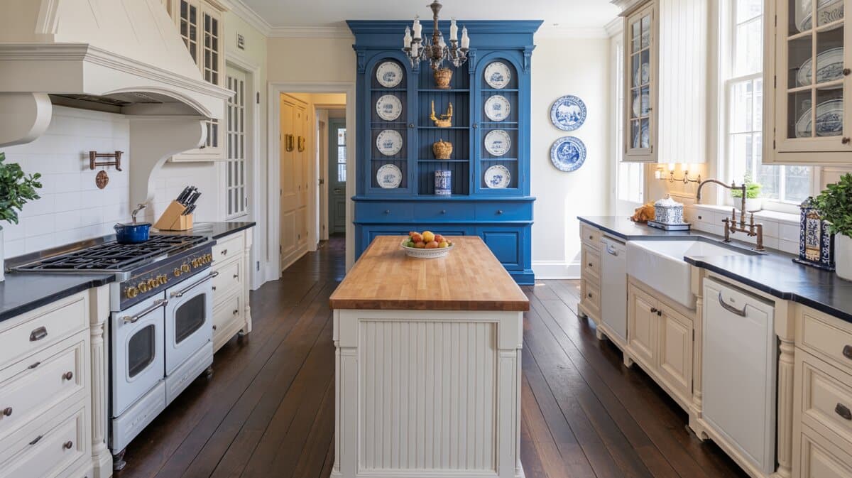 White galley kitchen with bold blue china cabinet, butcher block island, and vintage range