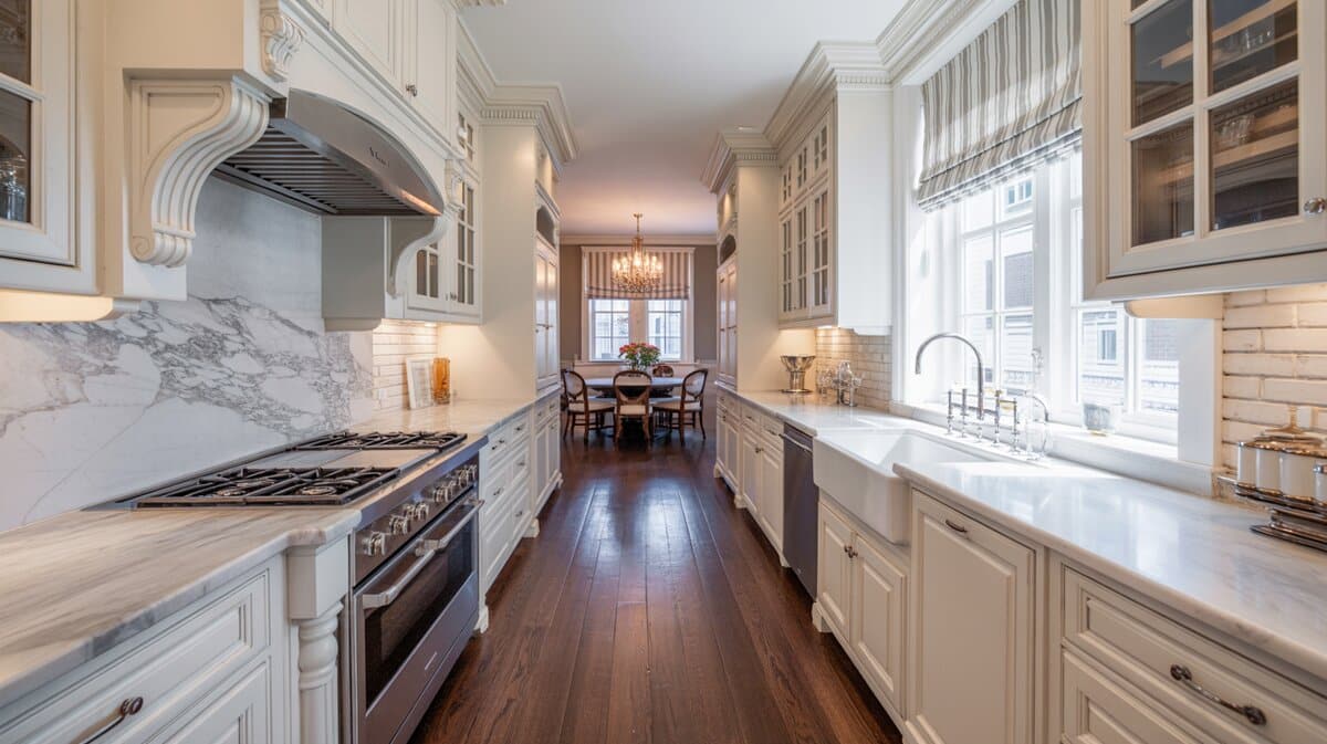 Narrow galley white kitchen with full marble slab backsplash and dark hardwood floors