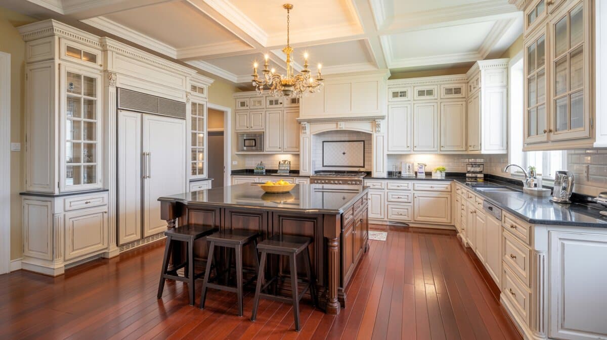 Grand traditional cream kitchen with cherry floors, dark walnut island, and gold chandelier