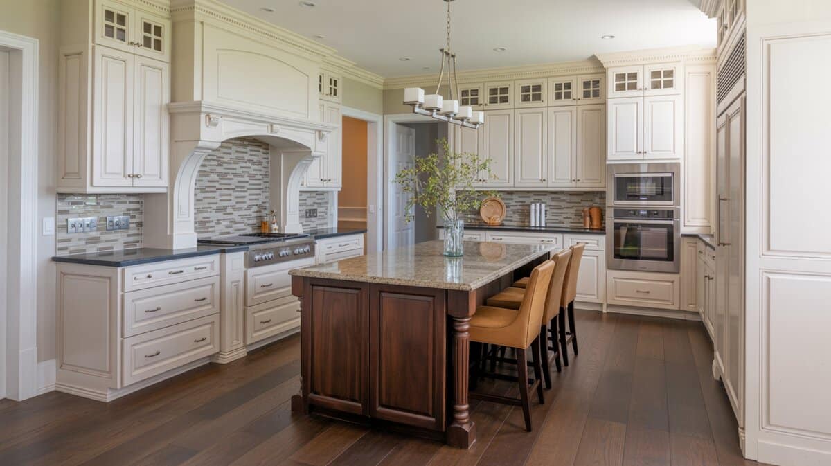 Traditional white kitchen with walnut island, caramel stools, and linear mosaic backsplash