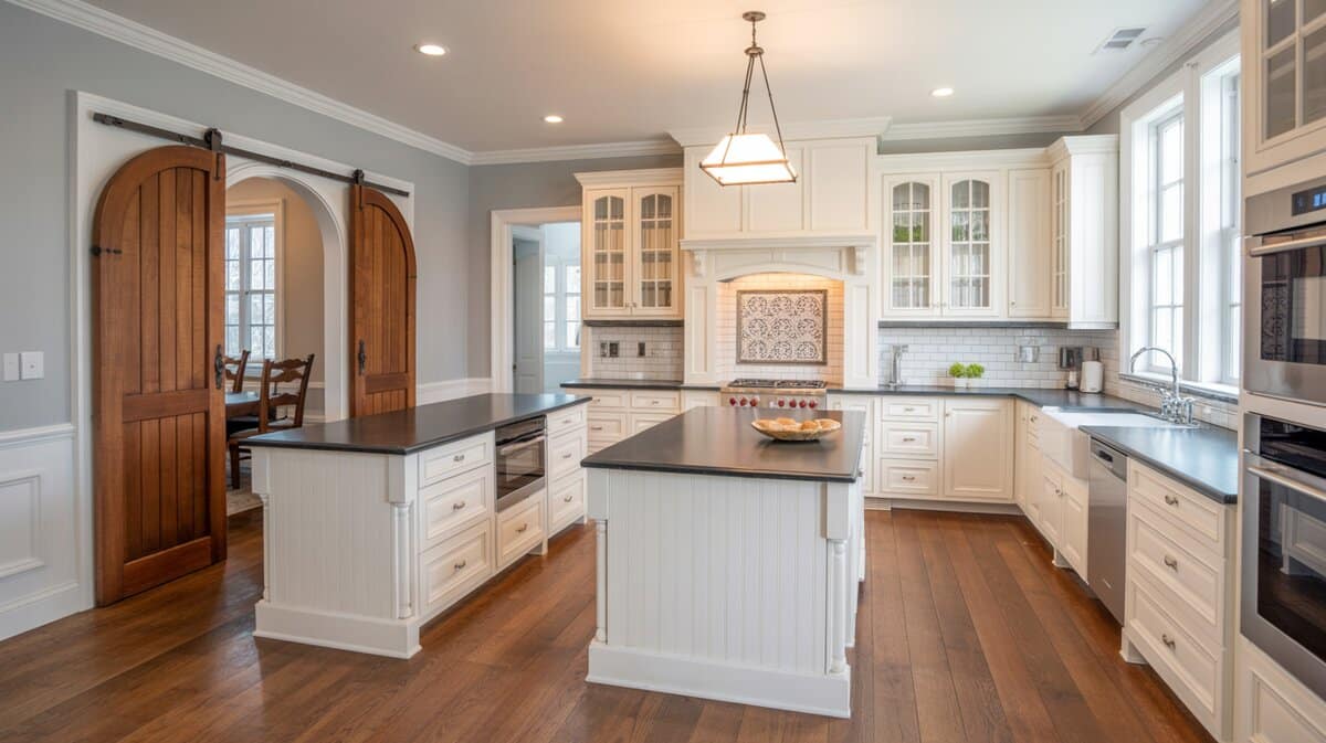 White kitchen with two dark-top islands, patterned backsplash, and rustic arched barn doors