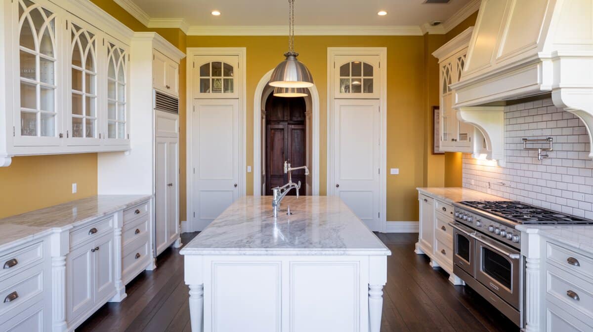 White kitchen with gothic arch glass cabinets against gold walls with ebony floors
