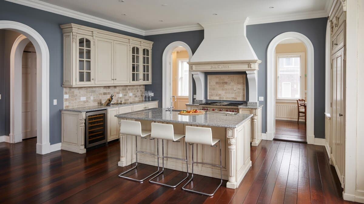 White kitchen with gray walls, arched doorways, mahogany floors, and white bar stools