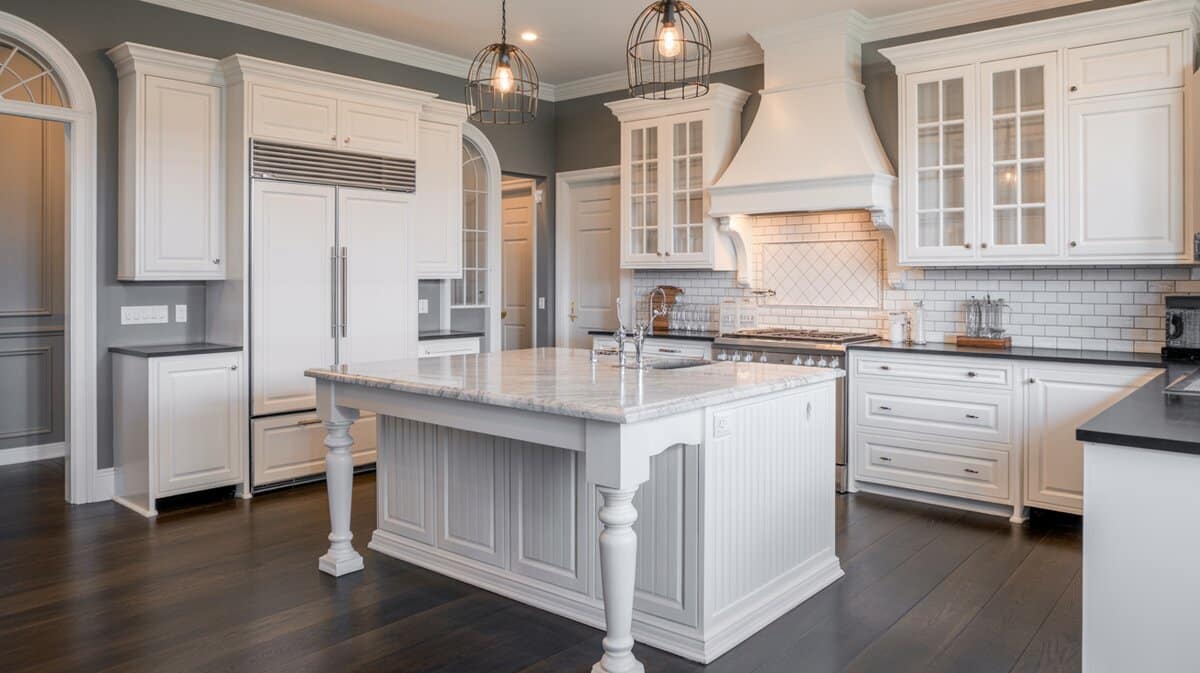 White kitchen with beadboard island on turned legs, marble counters, and cage wire pendants
