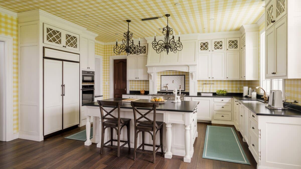 Traditional white kitchen with yellow plaid ceiling and walls, two iron chandeliers, teal rugs