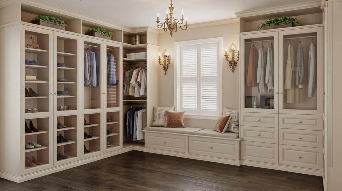 Traditional off-white walk-in wardrobe with paneled cabinet doors, glass panels and interior cabinet lighting