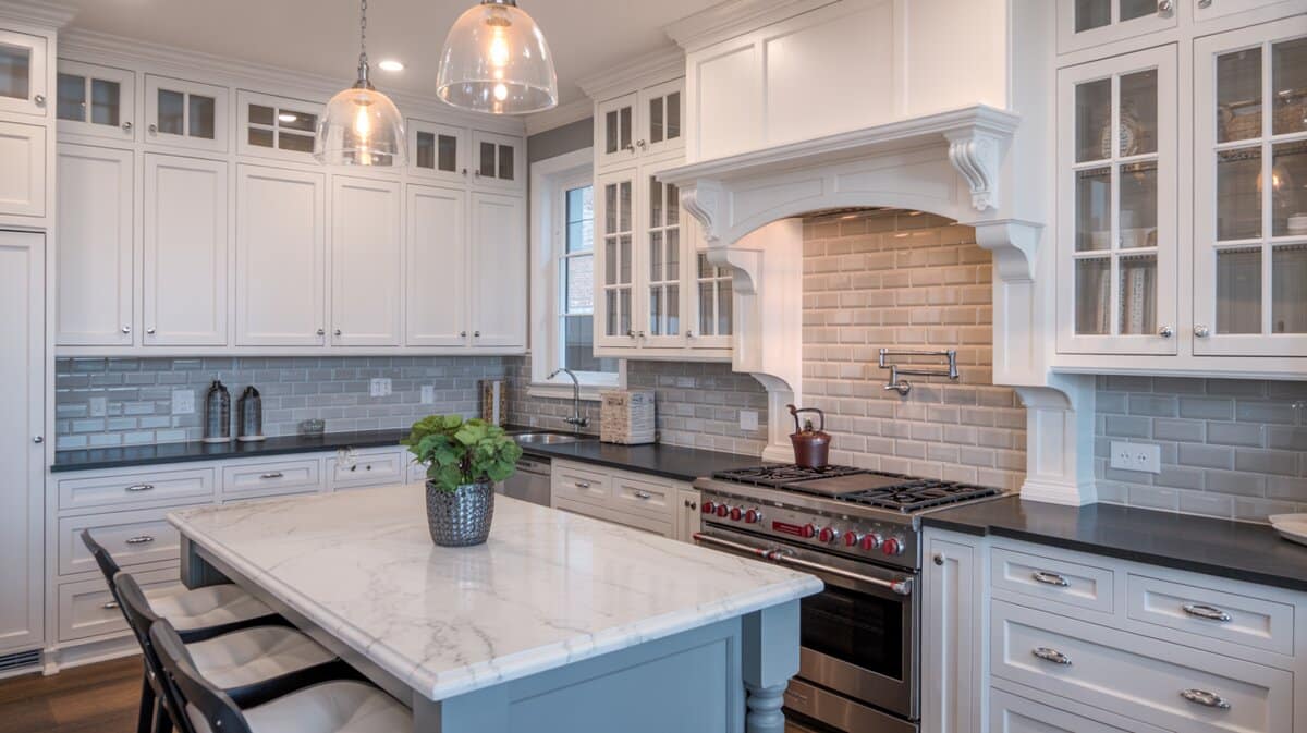 White kitchen with light blue island, black counters, arched hood, and glass bell pendants