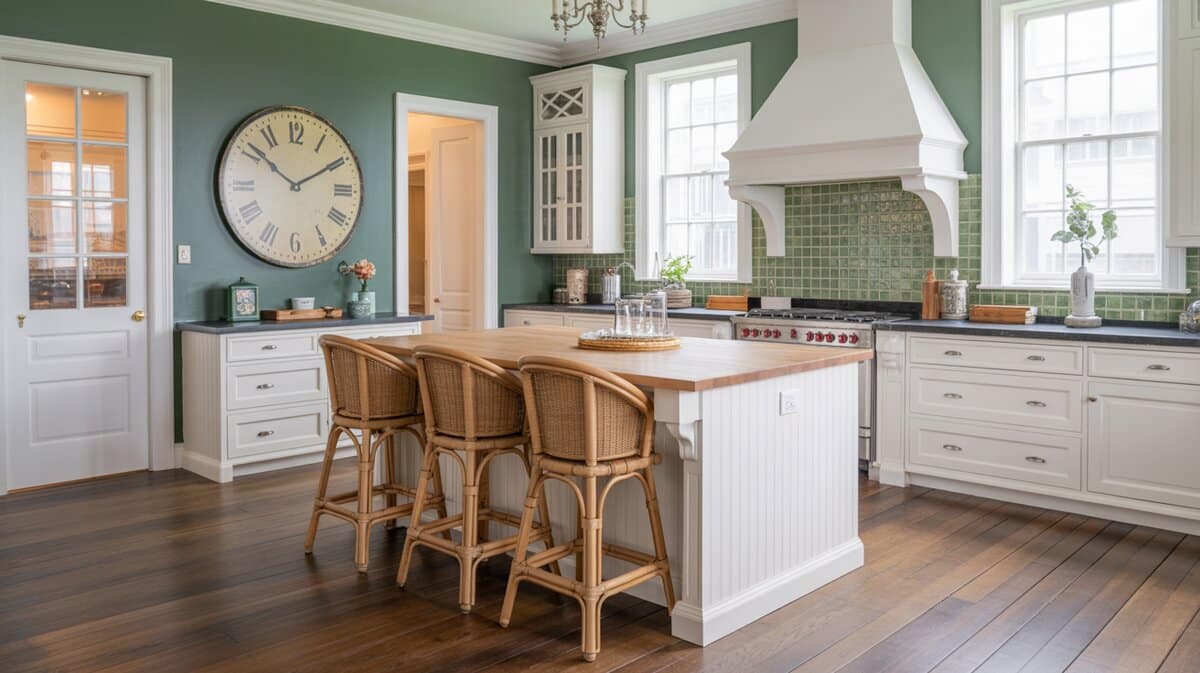 White shaker kitchen with butcher block island, rattan stools, green tile, and vintage clock