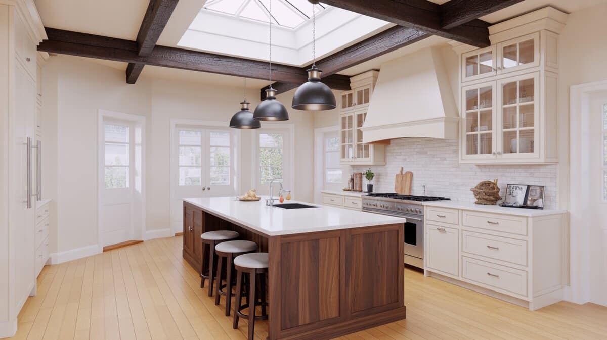 White kitchen with dark ceiling beams, skylight, walnut island, and industrial pendants