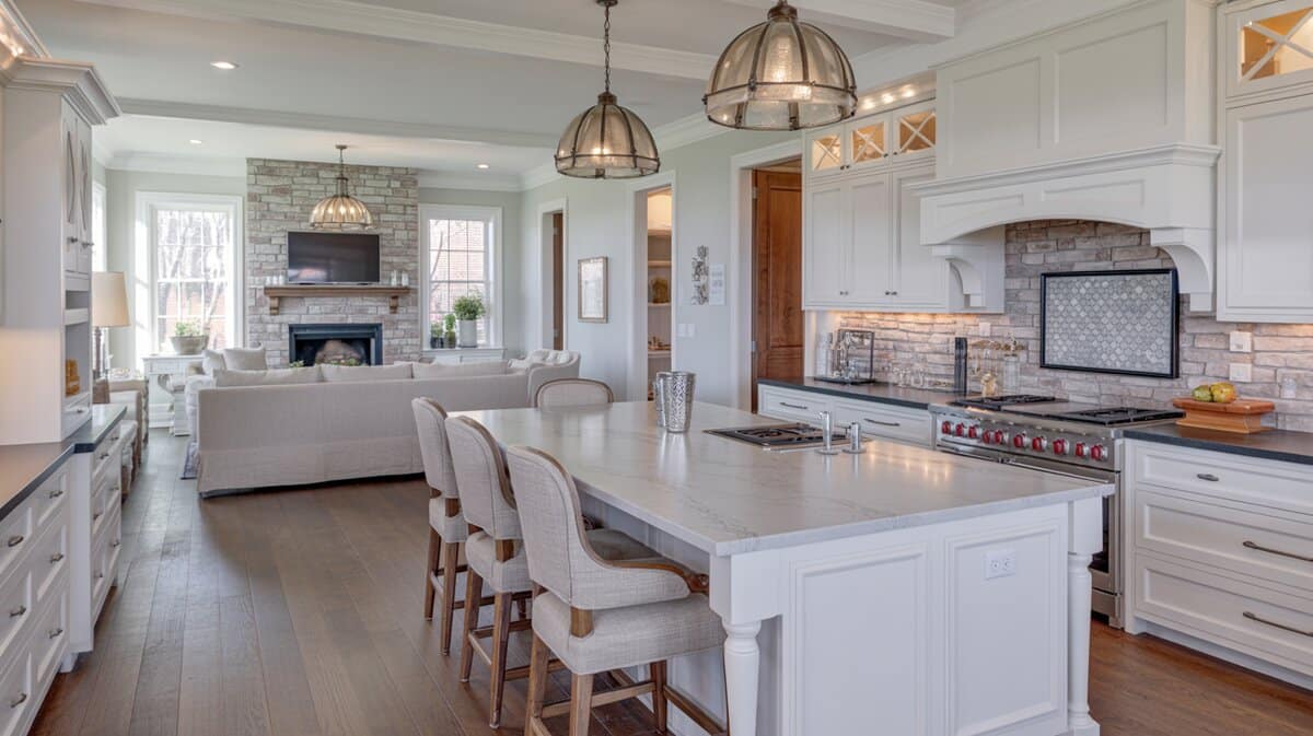 Transitional white kitchen with stone fireplace, mercury glass pendants, and open family room