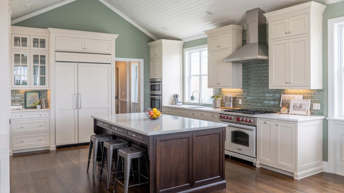 White kitchen with sage green walls, vaulted ceiling, dark wood island, and metal stools