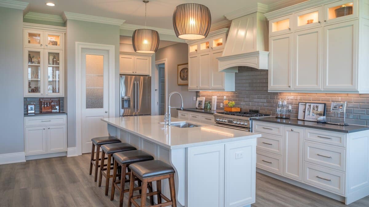 White shaker kitchen with gray subway backsplash, leather stools, and striped pendant lights
