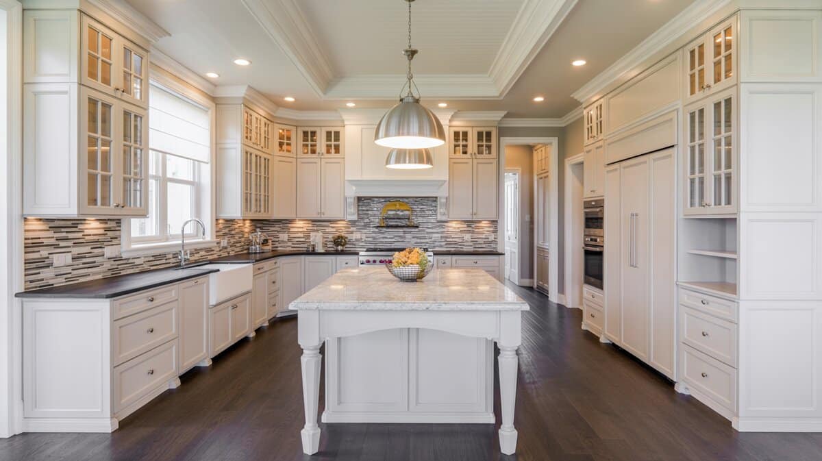 Large U-shaped white kitchen with linear mosaic backsplash, marble island, and dark floors