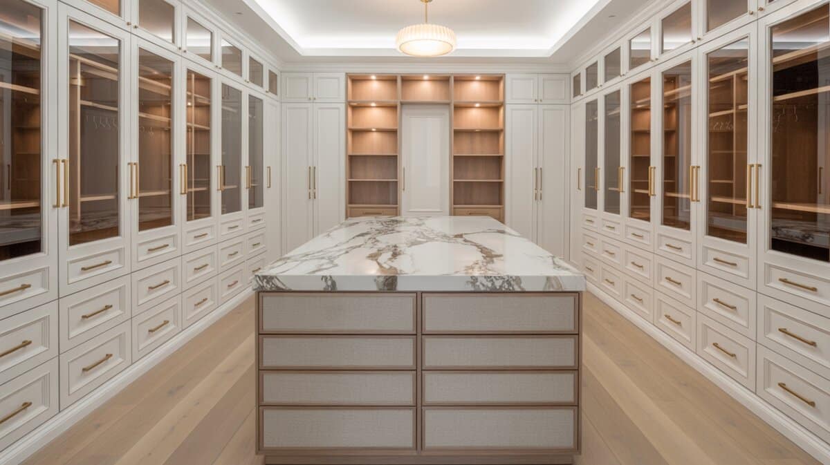 Ultra-luxury walk-in closet with Calacatta marble waterfall island, glass-front cabinets and gold hardware