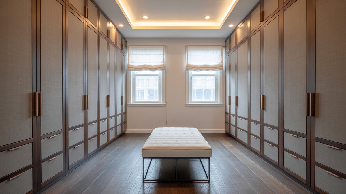 Clean walk-in closet with all closed maple laminate cabinets and center rectangular ottoman