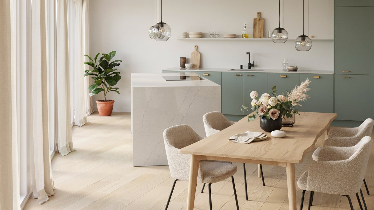Sage green kitchen with pale oak table holding blush rose arrangement