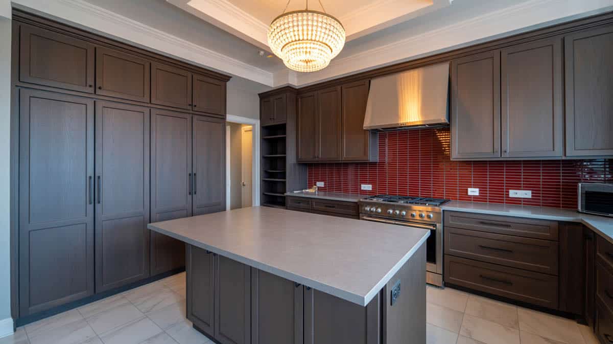 Contemporary dark wood cabinets using walnut veneer with gray upper cabinet accents