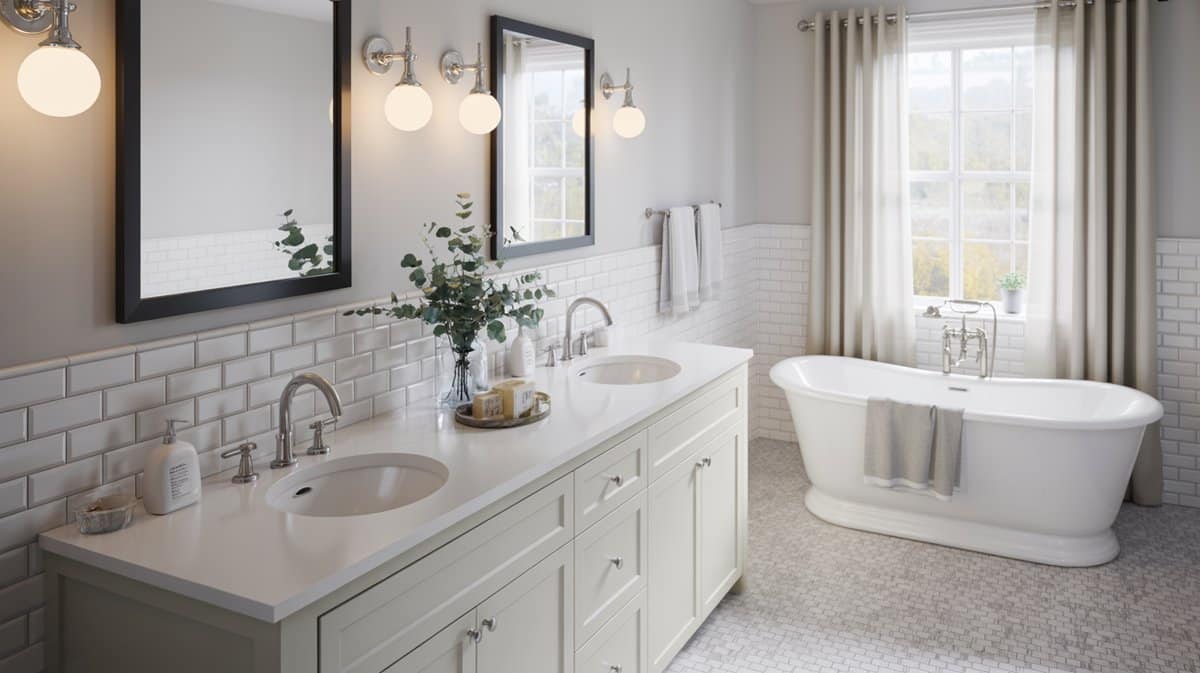 White farmhouse bathroom with shaker double vanity, freestanding tub and subway tile