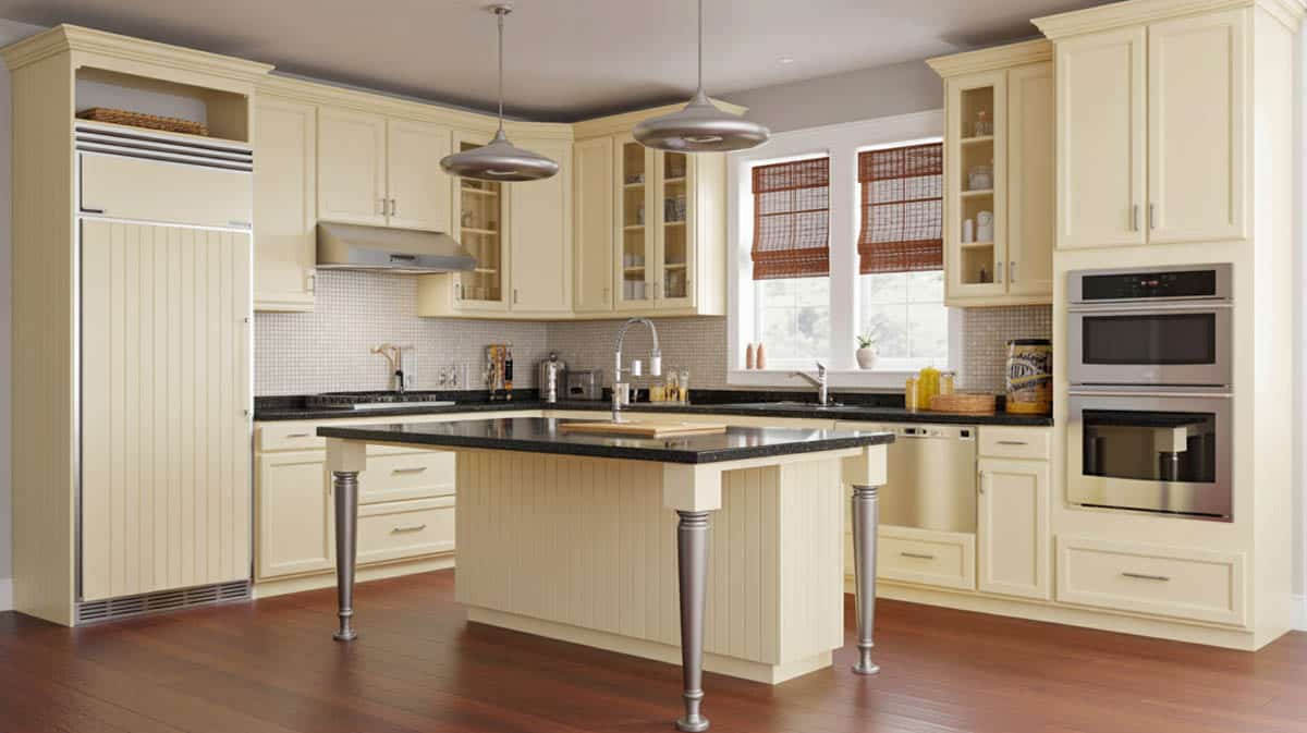 The dark wengue finish used on these contemporary kitchen cabinets gives an