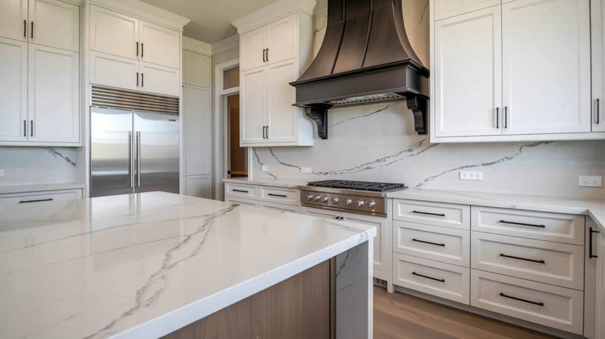 This small kitchen corner attempts to maximize storage space while maintaining a