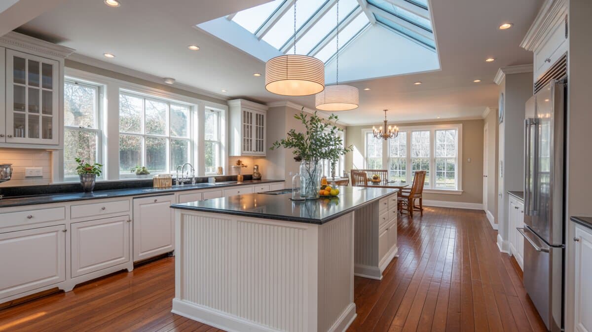 Bright white kitchen with beadboard island, black granite counters, large skylight overhead
