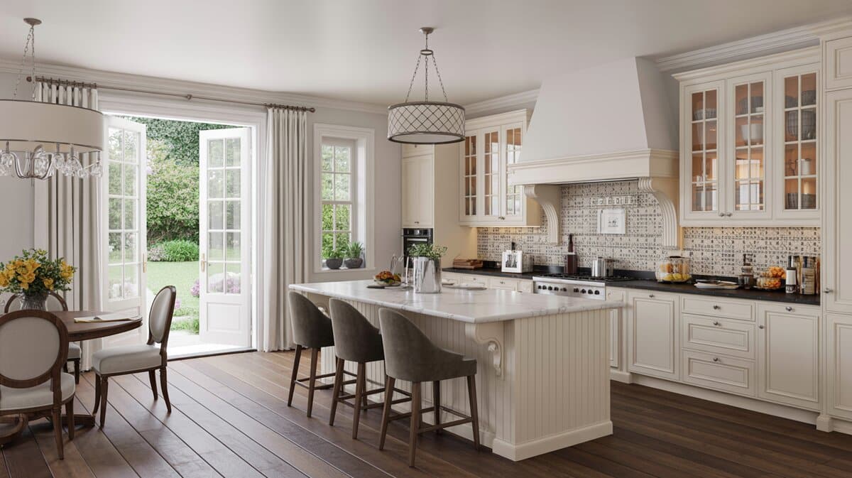 Cream kitchen with marble island, velvet stools, mosaic backsplash, and French doors