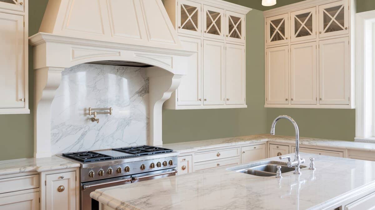 Cream kitchen with marble slab behind stainless range, sage green walls, cross cabinet doors