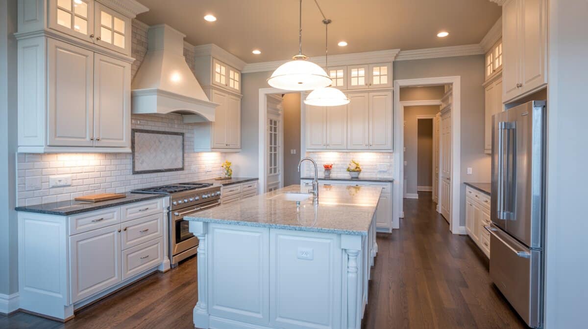White shaker kitchen with arched hood, marble accent backsplash, and dark hardwood floors