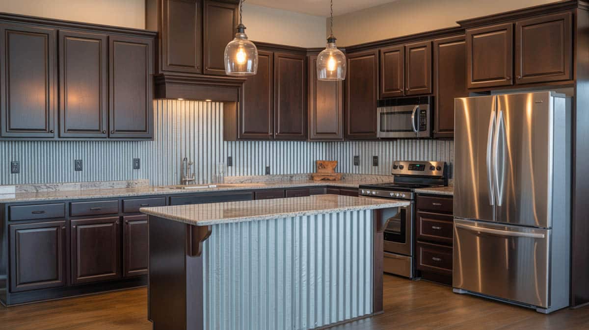 This whitewashed kitchen pairs a corrugated galvanized steel peninsula base