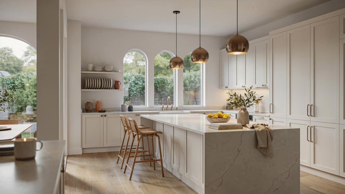 White quartz island with grey veining, brushed brass globe pendants, arched windows