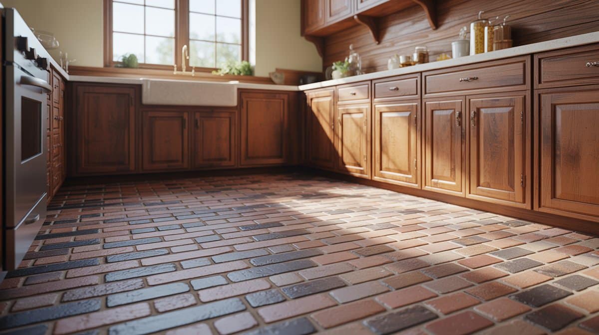 Kitchen with brick veneer flooring, antique wood cabinets and a wood plank accent ceiling