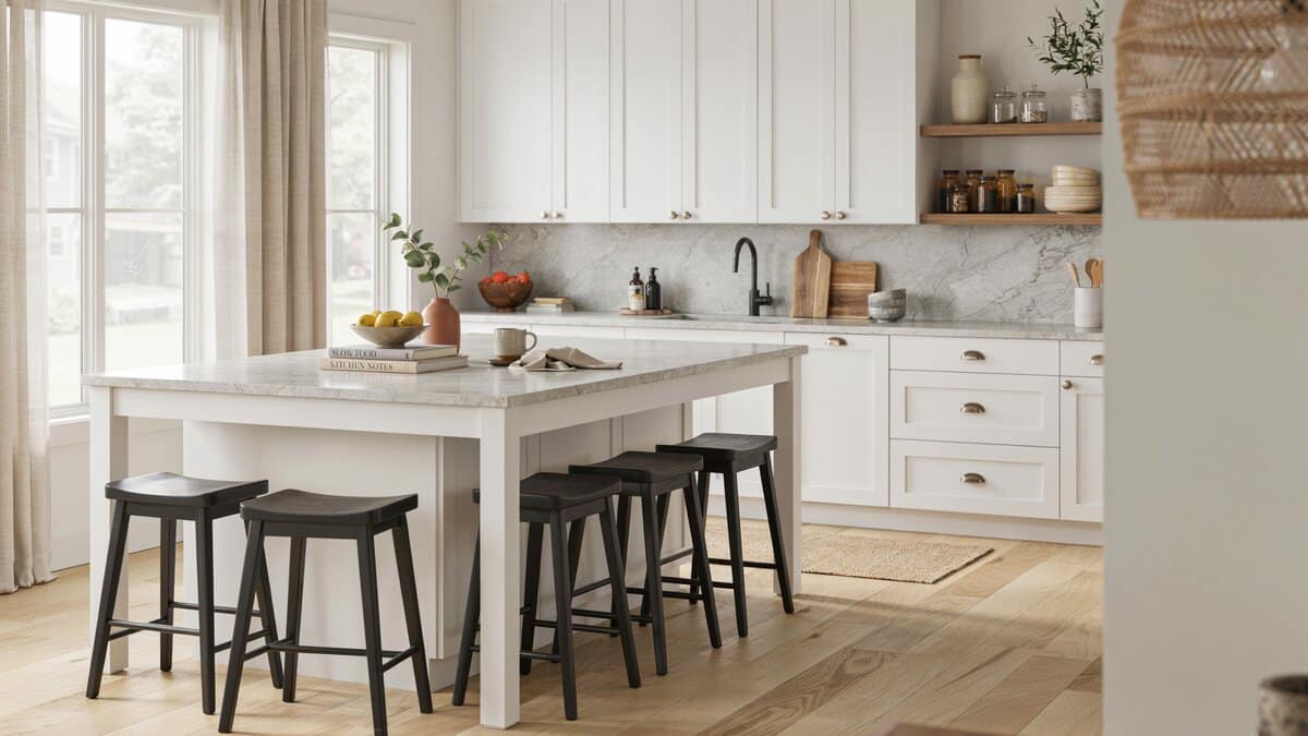 White granite waterfall island, white shaker cabinets, black stools for dining