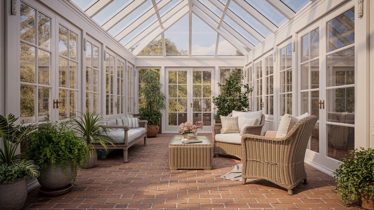 Bright sunroom with terracotta brick paver flooring and floor-to-ceiling windows