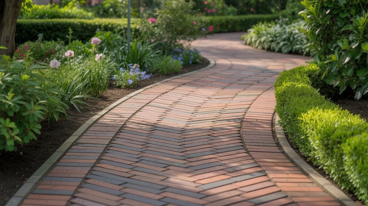 Red brick walkway winding through a lush green garden in herringbone pattern