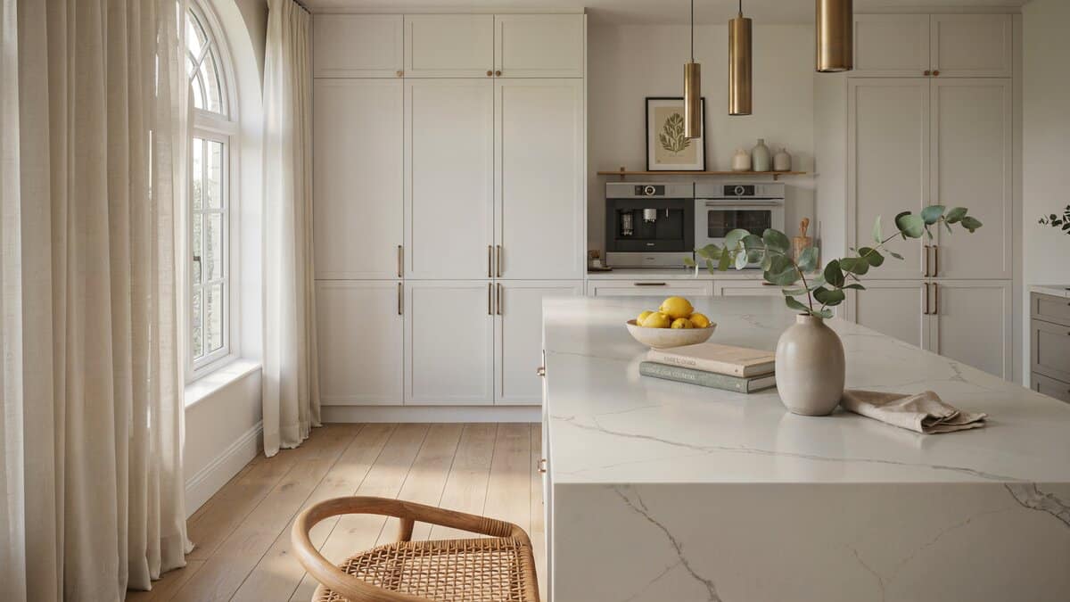 Marble waterfall island with grey veining, white cabinetry, brass pendant lights