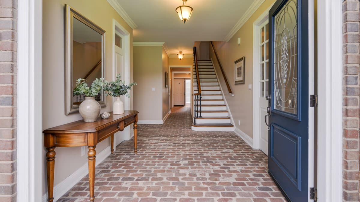 Home entryway foyer with warm brick veneer flooring and a wood console table