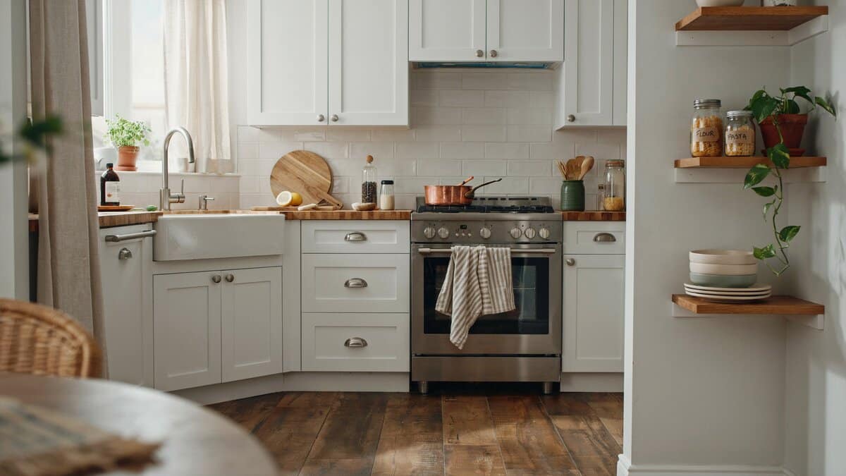 Butcher block wood counters, white shaker cabinets, stainless range, open shelving