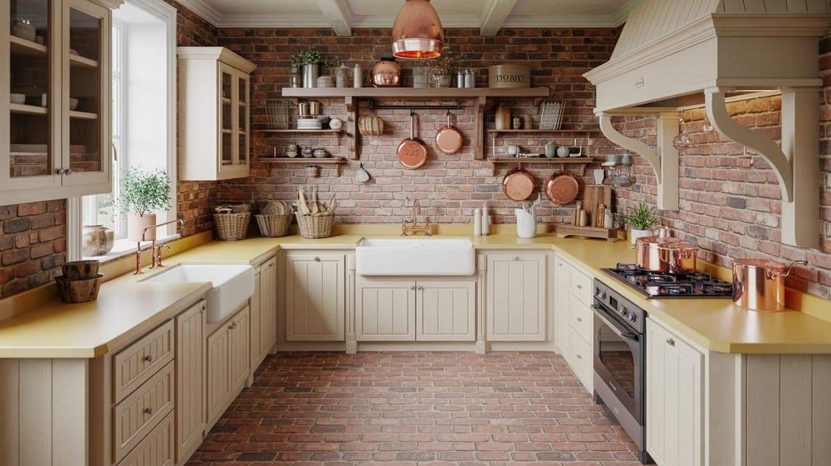 Country kitchen with exposed brick wall, brick floors and limestone countertops