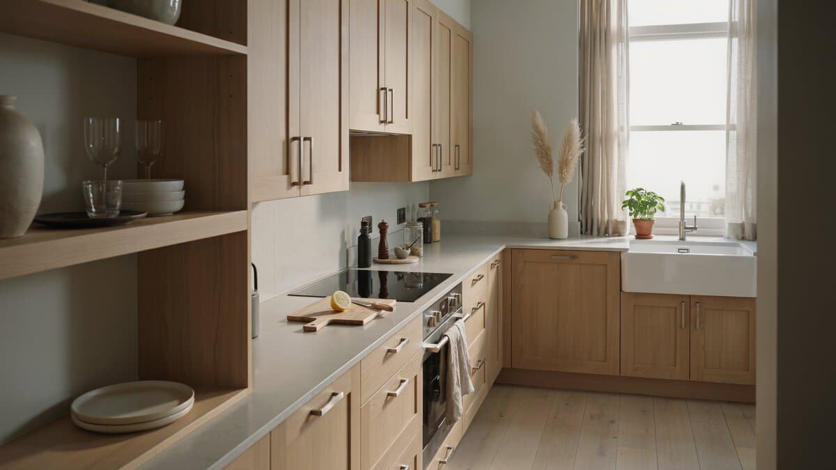 White laminate counters, light oak cabinets, farmhouse apron sink beneath window