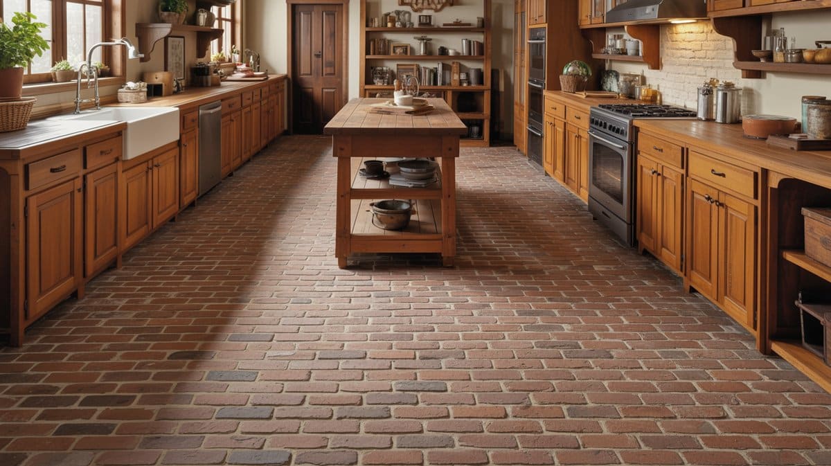Rustic kitchen with natural wood cabinets and weathered red brick flooring