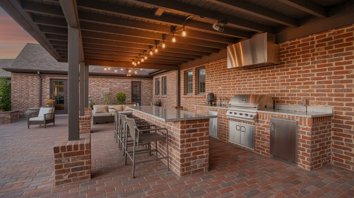 Covered patio with red brick floor, brick walls and a built-in outdoor kitchen
