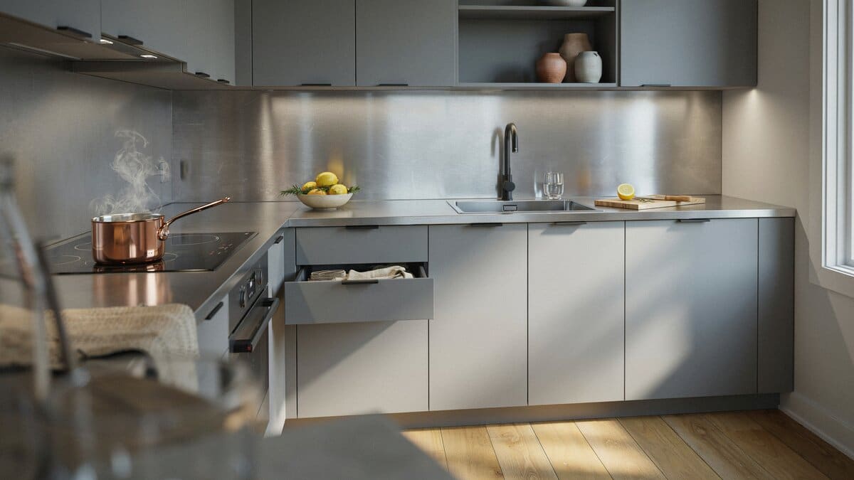 Stainless steel counters and backsplash, grey cabinets, copper pan cooking