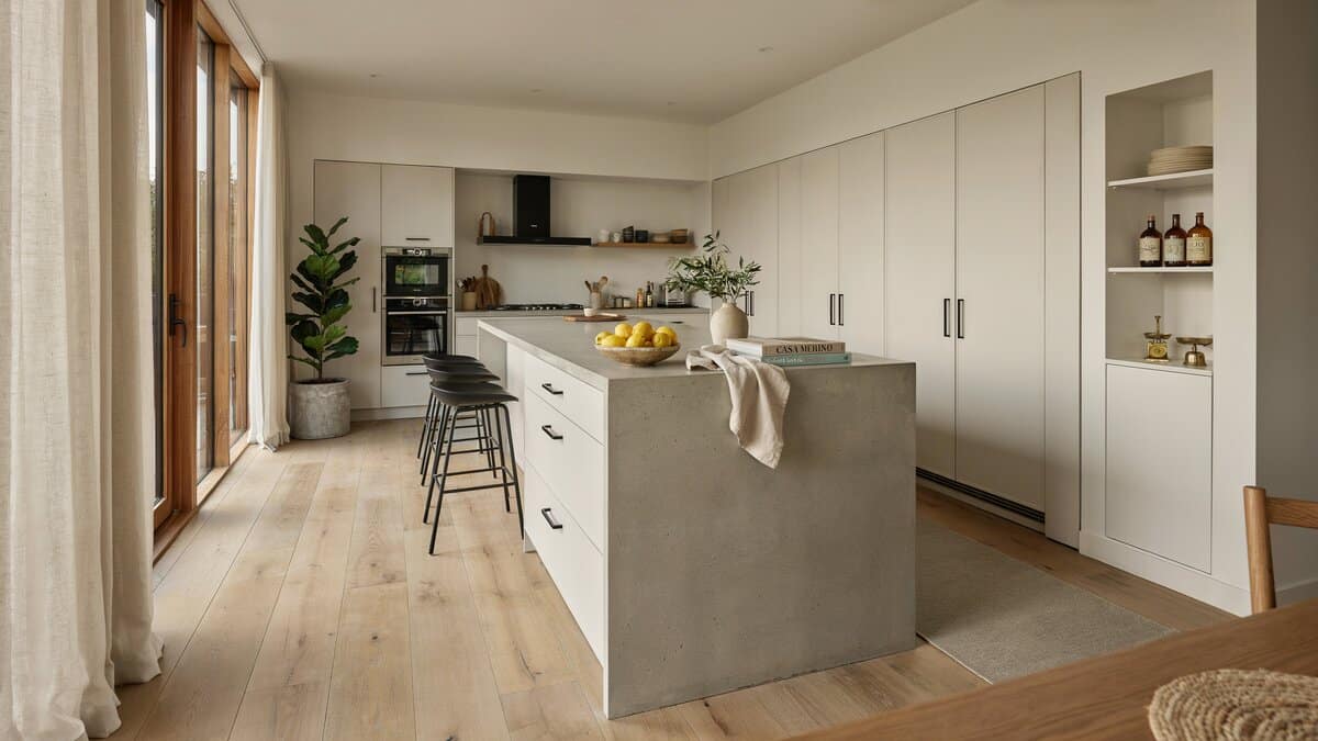 Concrete waterfall island, white matte cabinets, black hardware, leather counter stools
