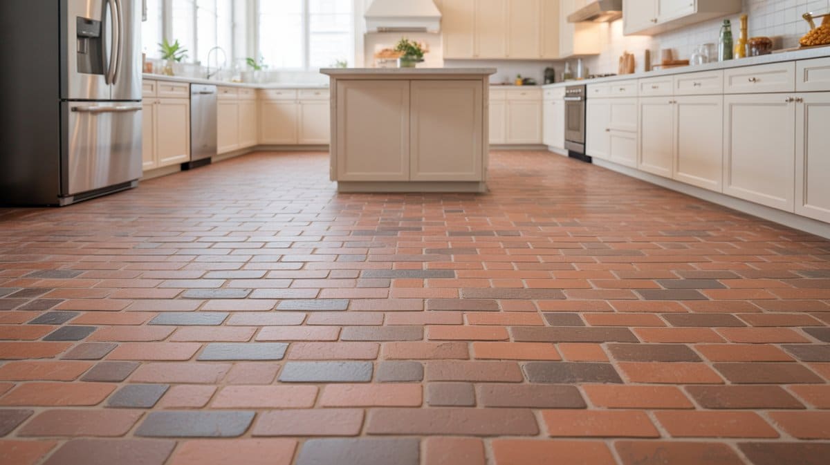 Modern kitchen with faux brick floors laid in a warm terracotta herringbone pattern